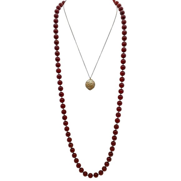 Vintage Sarah Coventry Necklace Duo, Red Beaded Married with Textured Sphere - Picture 1 of 5